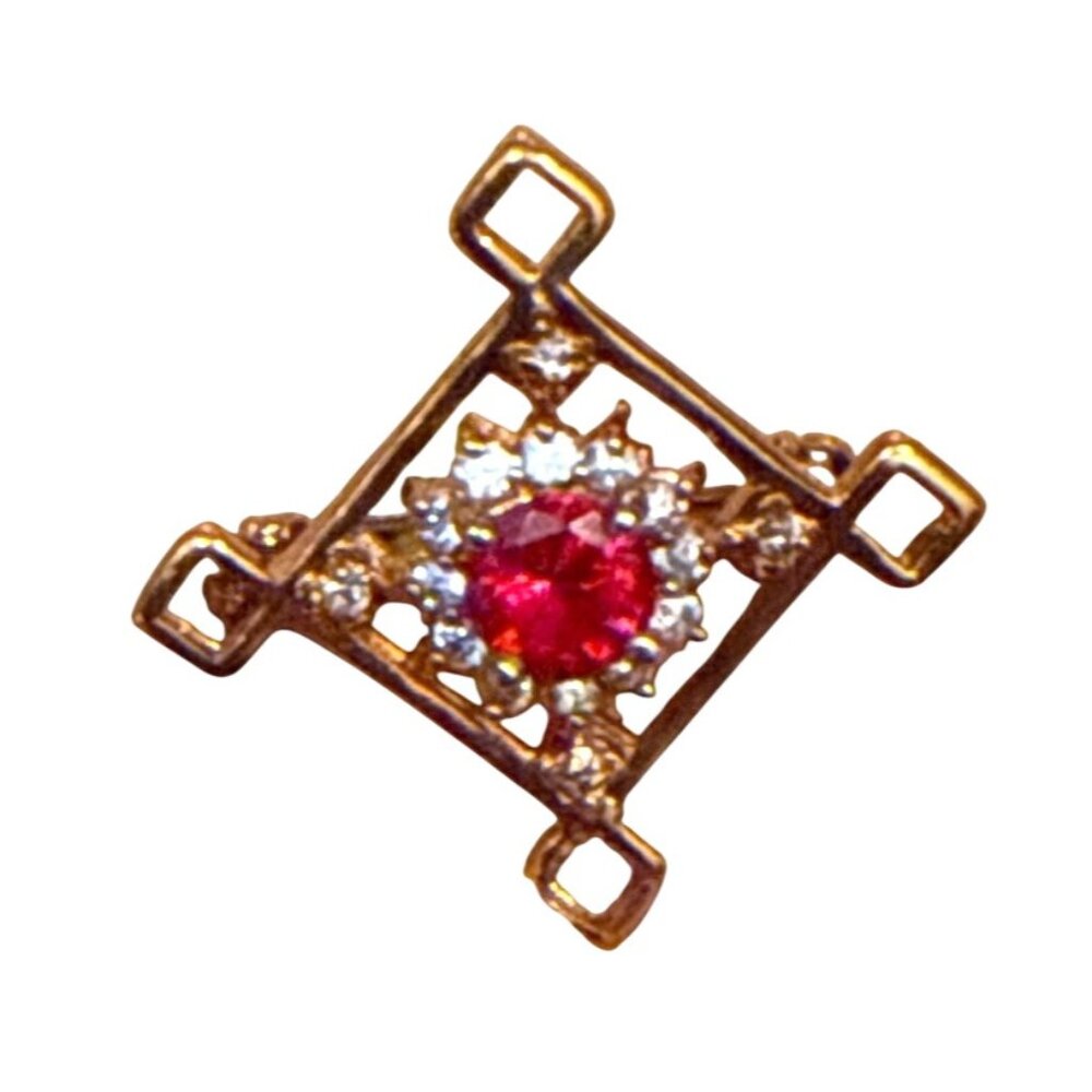 14K Gold Plated Vintage Red & Clear CZ Brooch Pin Square Cross Jewelry Retro